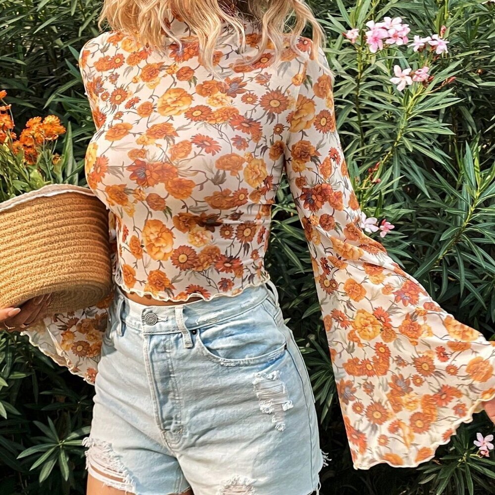 Multicolor Women's Stand Collar Floral Printed Bell Sleeve sheer Top - Picture 1 of 6